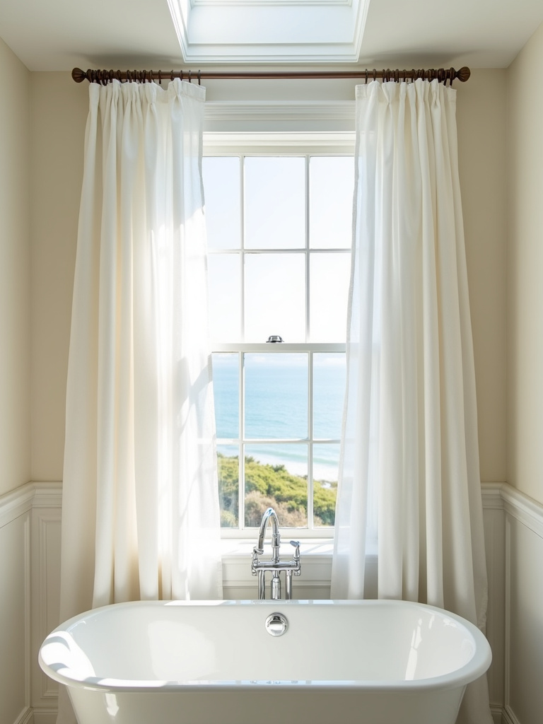 Bright and airy coastal bathroom bathed in strong natural sunlight from a skylight and window, featuring sheer white curtains, a white freestanding tub, and light beige walls, captured from a high angle.