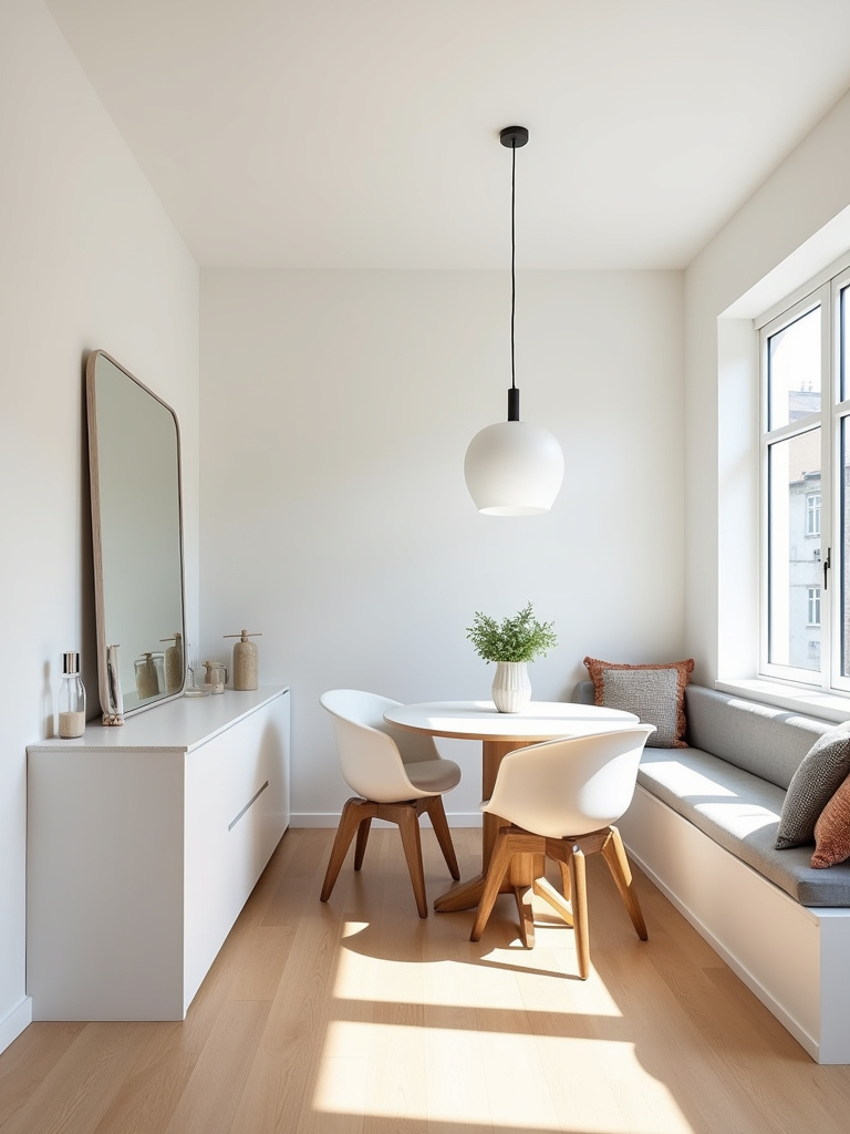 “Stylish small modern minimalist dining room with round table, banquette seating, and large mirror.”