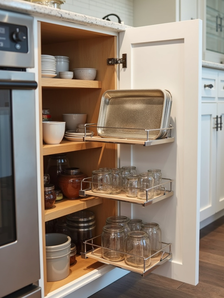 Modern kitchen detail showcasing smart vertical storage solutions inside a cabinet, including pull-out pantry shelves and vertical dividers for baking sheets, demonstrating organized kitchen supplies, illuminated by soft indirect lighting.
