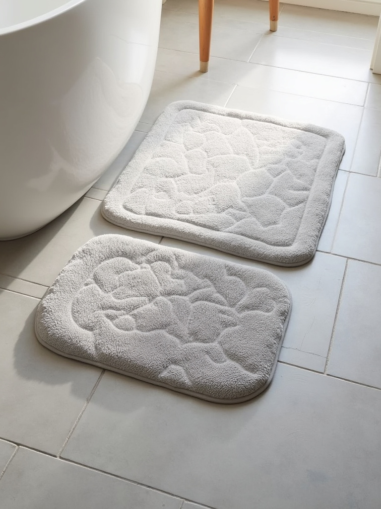Set of grey memory foam bath mats on a bathroom tile floor.