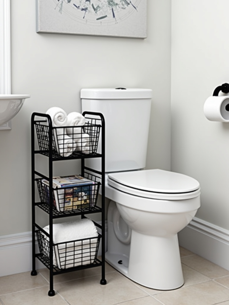 Black metal wire magazine rack next to a toilet in a bathroom.