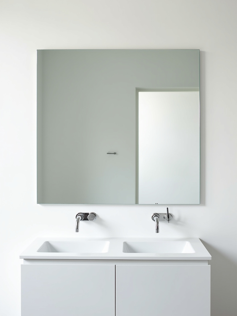 Large frameless rectangular bathroom mirror above a double vanity sink.