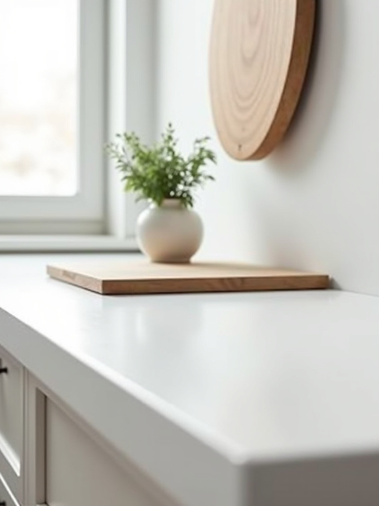 Minimalist Scandinavian kitchen countertop with white quartz surface, featuring only a wooden cutting board and a small vase of herbs, emphasizing a clean and uncluttered aesthetic.