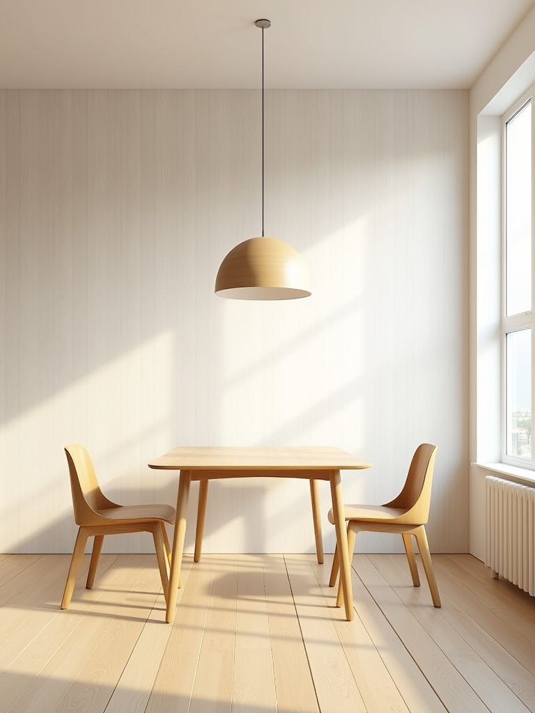 Minimalist dining room with light beige linen-textured wallpaper, simple wood furniture, and natural light.