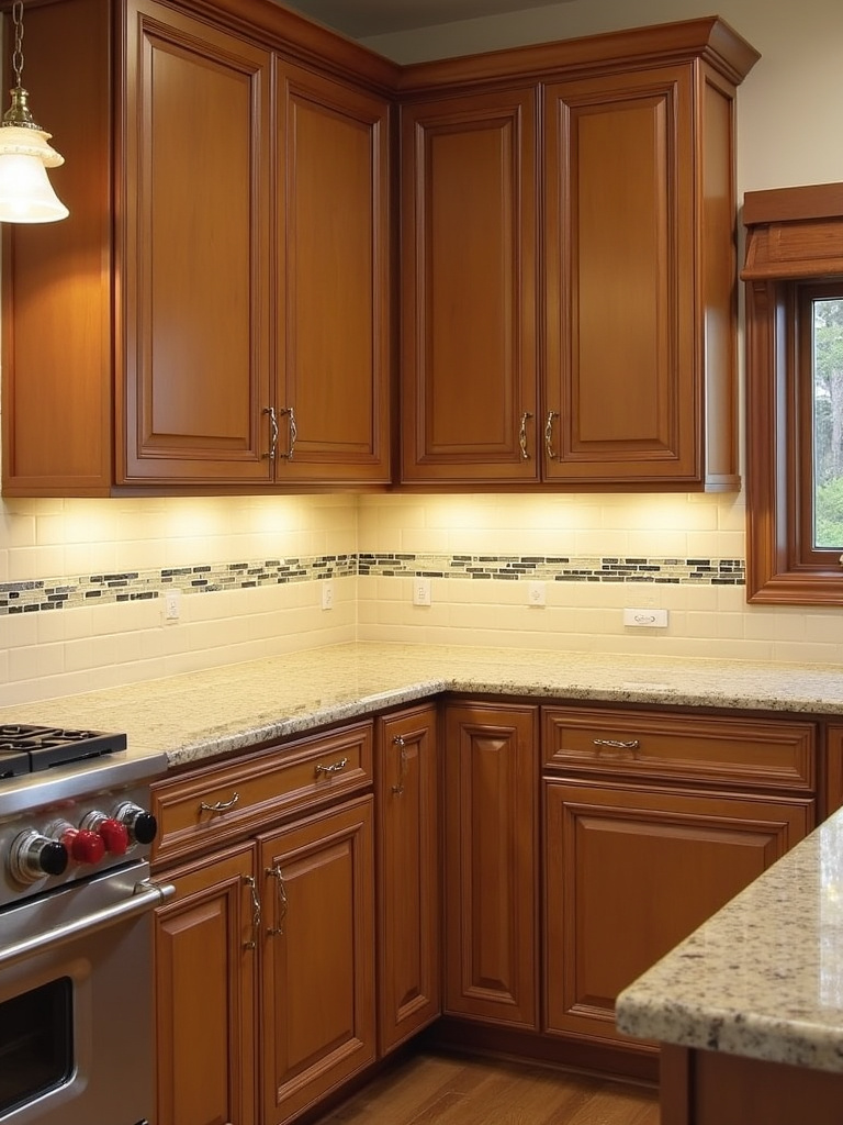 “Ceramic tile backsplash with mirror pencil tile accents in a traditional kitchen.”