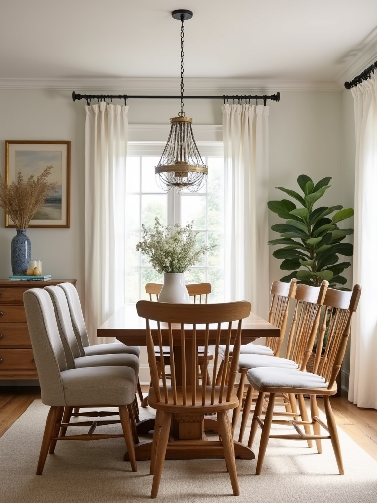 “Farmhouse dining room with a wooden table and a mix of Windsor, upholstered chairs, and a bench.”