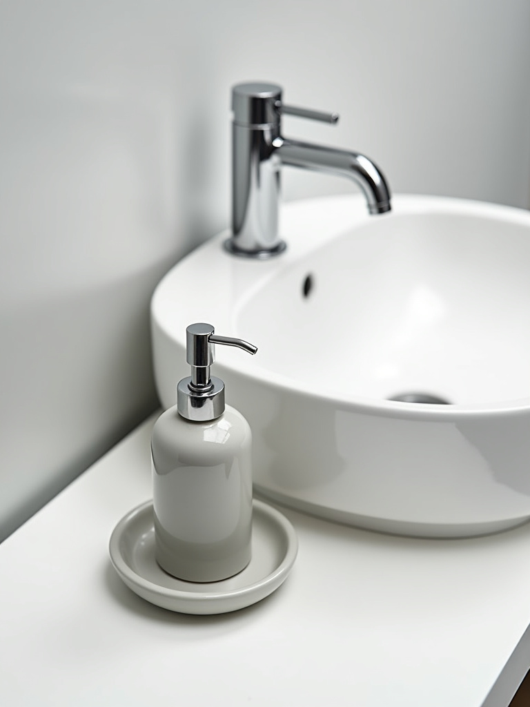 Modern grey ceramic soap dispenser and dish set on a bathroom countertop.