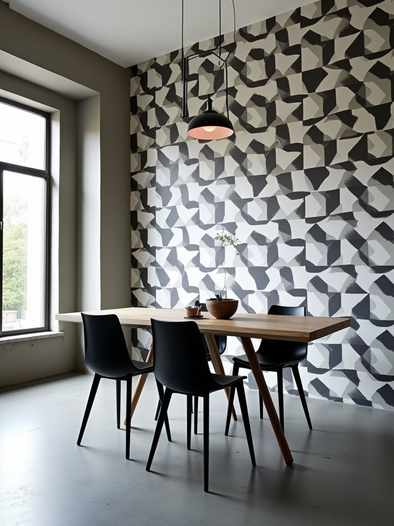 Modern dining room with bold black and white geometric triangle wallpaper, minimalist furniture, and natural light.