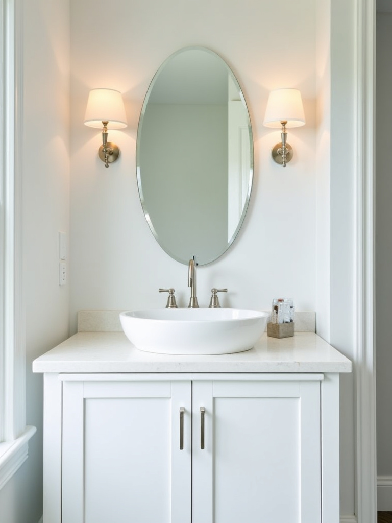 Bright coastal bathroom vanity area featuring a round mirror above a white vanity, brushed nickel faucet, white vessel sink, and light gray walls, illuminated by soft morning light.