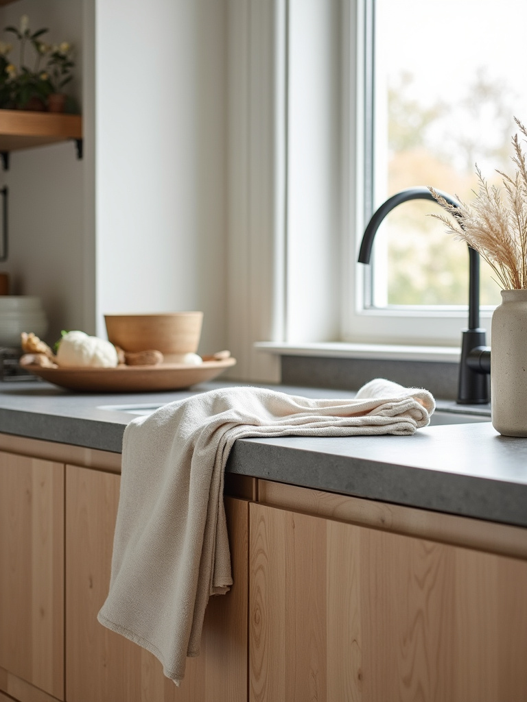 Scandinavian kitchen showcasing a harmonious blend of natural materials, including light wood cabinets, a grey stone countertop, and linen textiles, emphasizing texture and natural beauty.