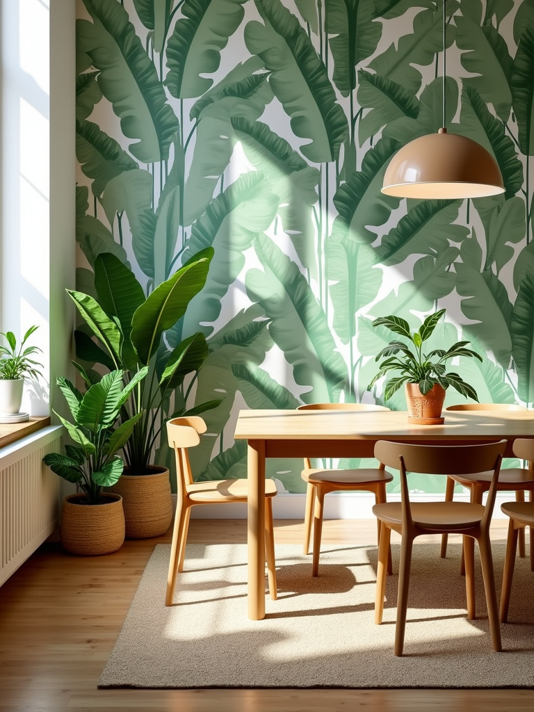 Nature-inspired dining room with tropical leaf wallpaper, light wood furniture, and natural light.