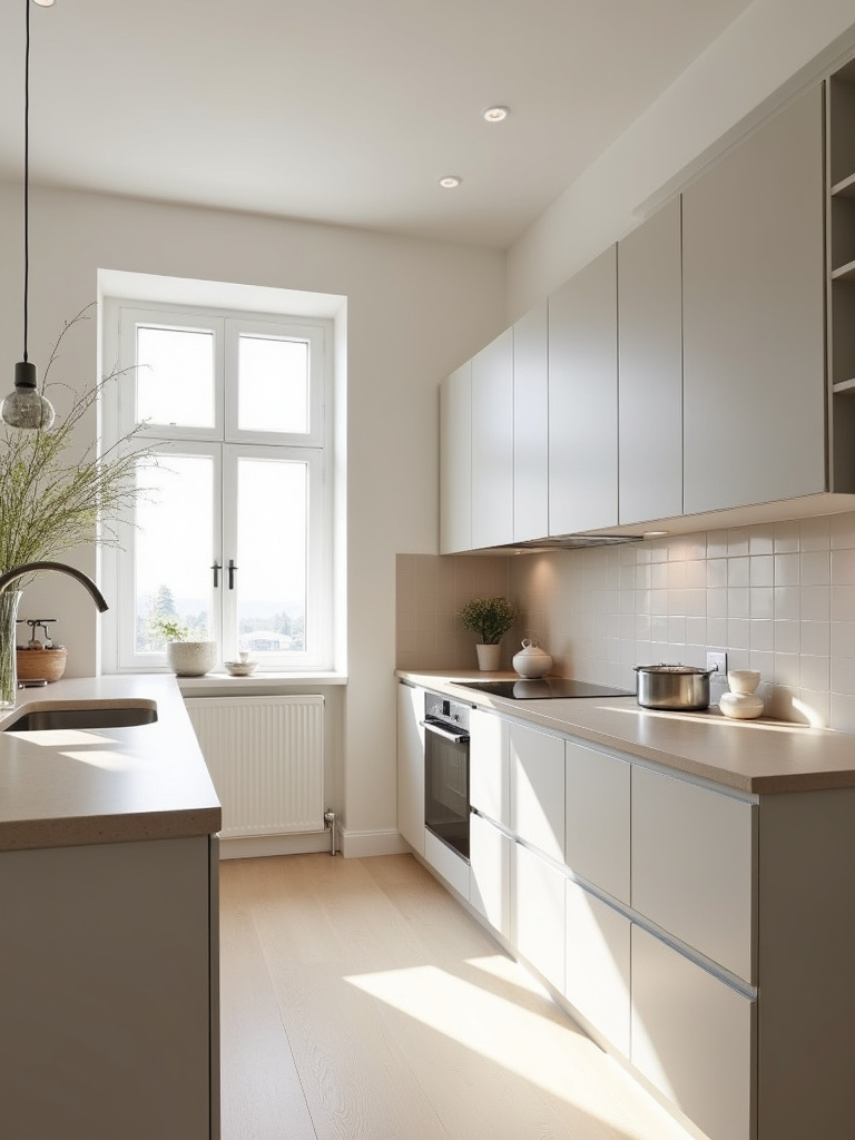 Scandinavian kitchen with a calming neutral color palette, featuring warm white walls, light grey cabinets, and beige quartz countertops, creating a serene and timeless aesthetic.