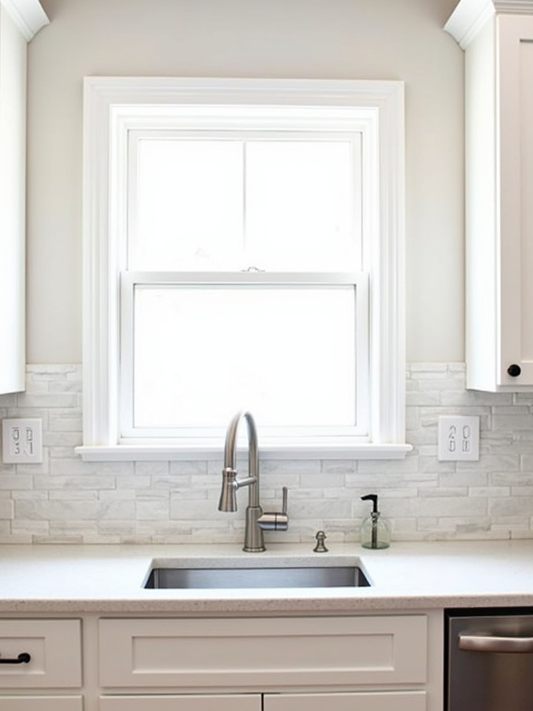 “Neutral palette backsplash with texture variation in a traditional kitchen.”