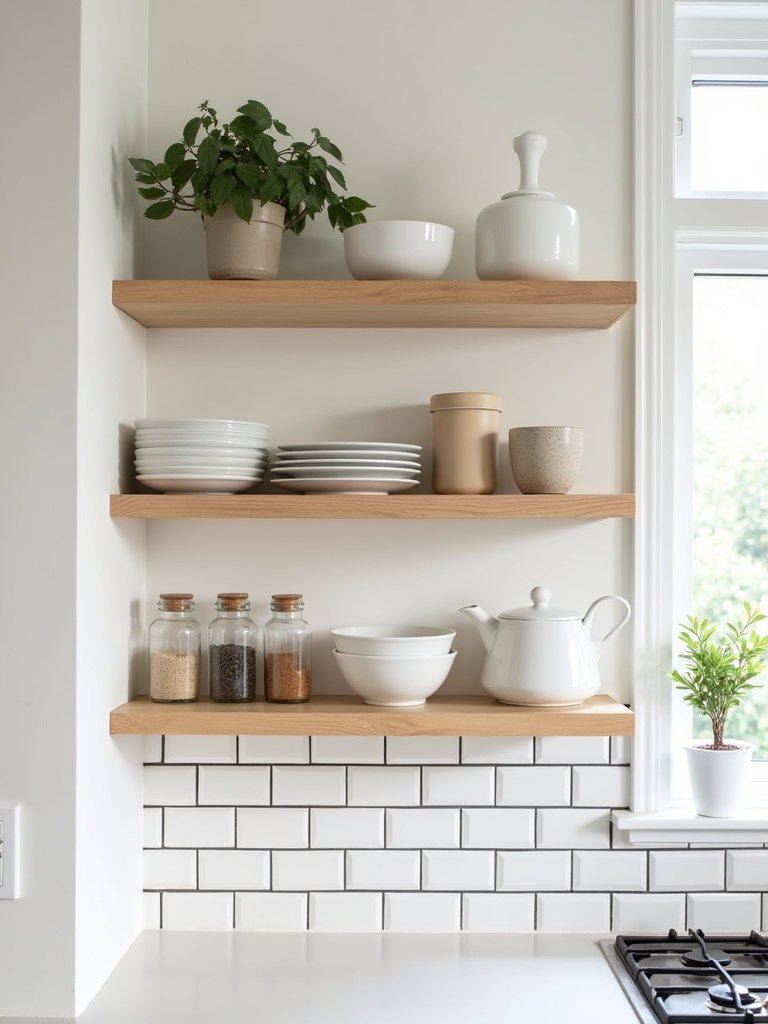 Scandinavian kitchen open shelving displaying white dishes, spice jars, and plants against a white subway tile backsplash, showcasing a curated and airy aesthetic.