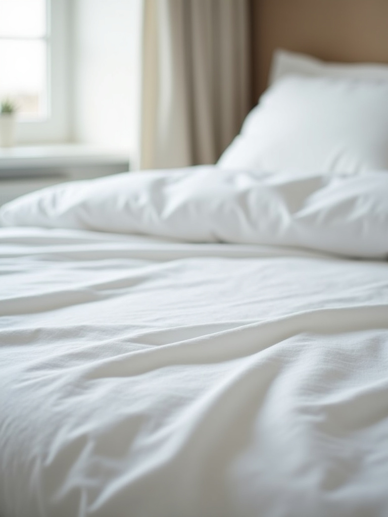 Close-up of crisp white linen bedding in a minimalist bedroom, highlighting the clean texture and soft lighting.
