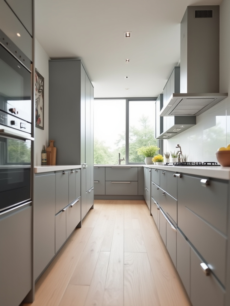 Contemporary kitchen with sleek gray handleless cabinets and J-channel pulls.