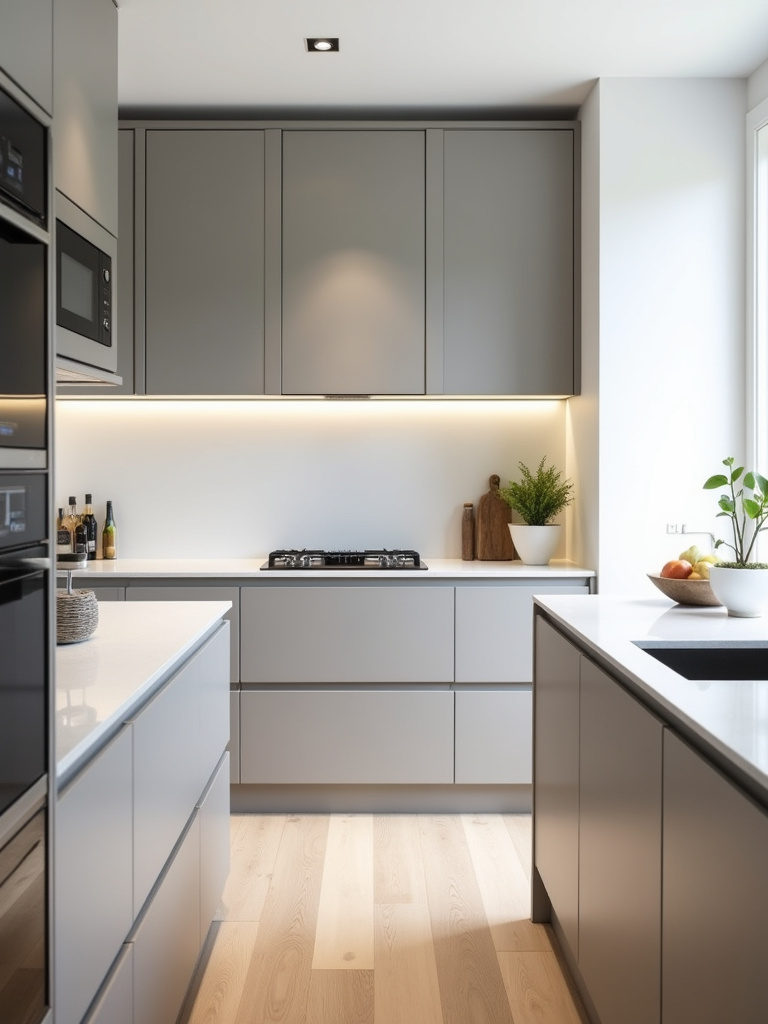 Minimalist kitchen showcasing sleek, handleless flat-panel cabinets in light grey, complemented by white countertops, stainless steel appliances, and light wood flooring, illuminated by soft diffused natural light.