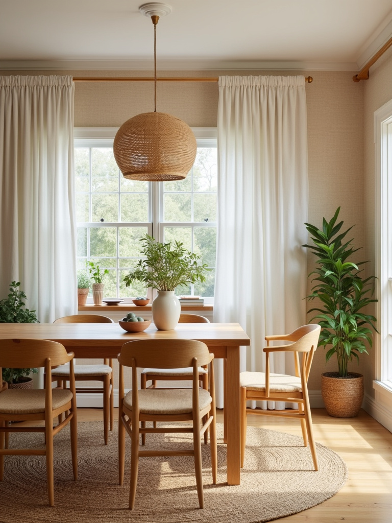 Earthy dining room with beige grasscloth wallpaper, light wood furniture, and natural textures.