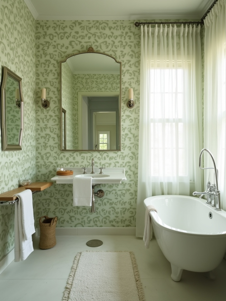 Serene bathroom interior with earthy green leaf pattern wallpaper, creating a calming and nature-inspired space.