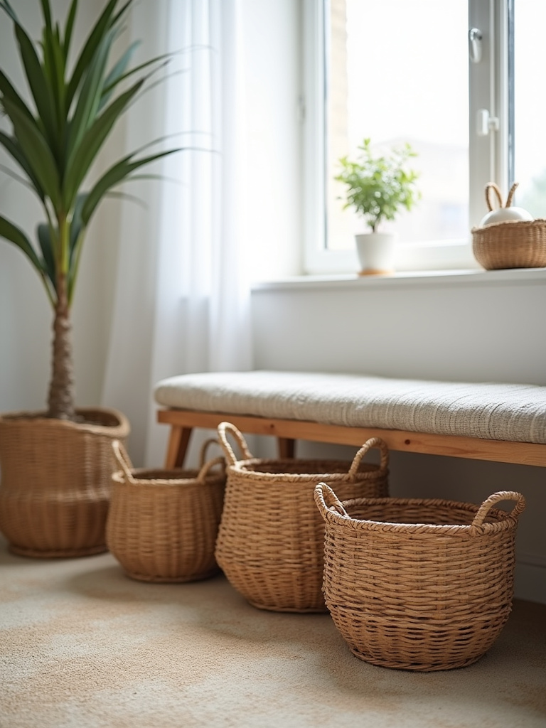 Woven baskets in various sizes, providing stylish and textured storage in a minimalist bedroom.