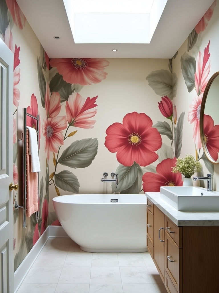 Dramatic bathroom interior with oversized floral wallpaper featuring large, bold flowers, creating a visually impactful and statement-making space.