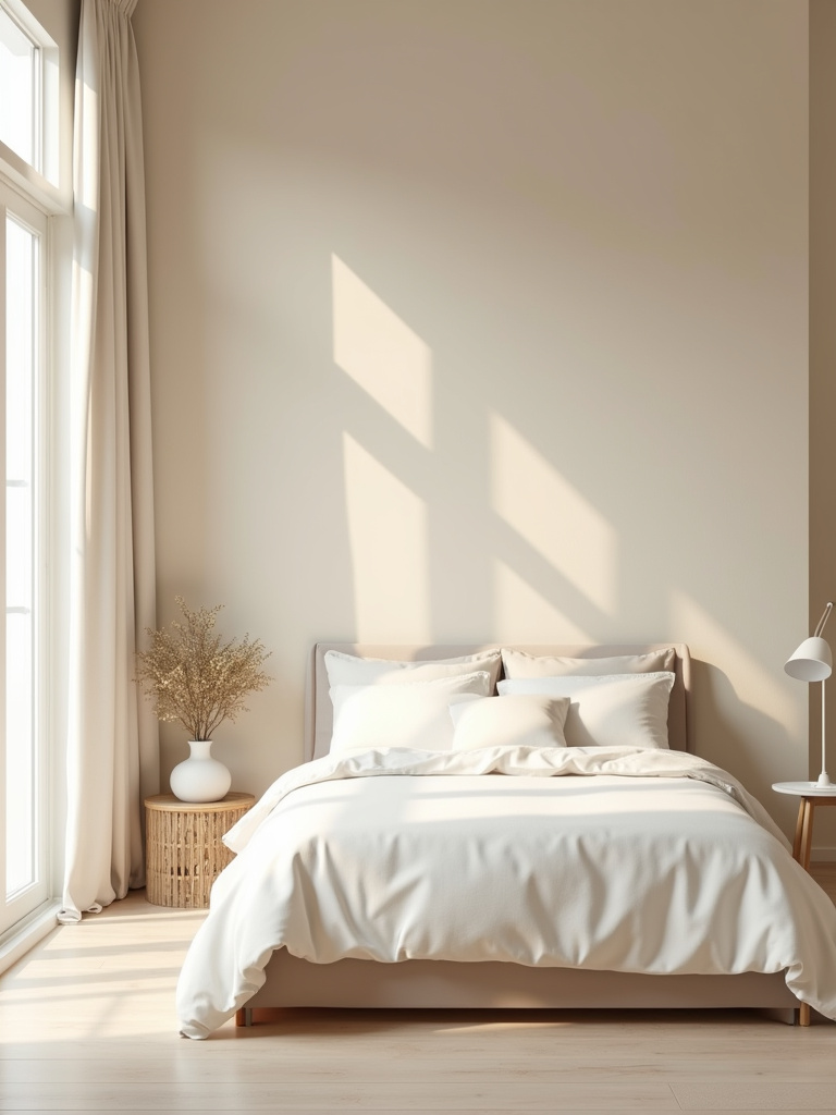 A minimalist bedroom featuring walls painted in a calming light beige neutral color, bathed in natural light.