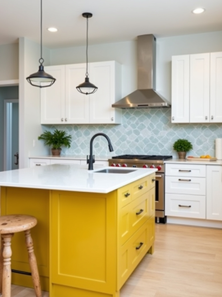 Modern kitchen featuring a vibrant mustard yellow kitchen island as a focal point, contrasted with white surrounding cabinets, stainless steel appliances, and white countertops, illuminated by balanced natural and artificial lighting.