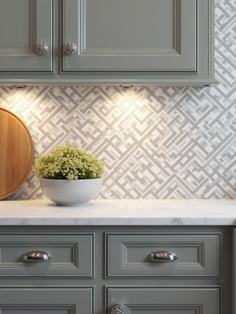 “Decorative patterned tile backsplash in a traditional kitchen.”