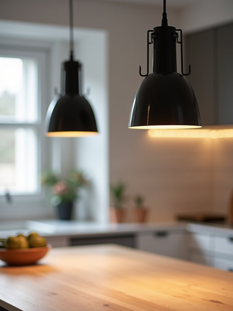 Scandinavian kitchen pendant lighting featuring minimalist black metal pendants hanging over a light wood kitchen island, providing warm and ambient illumination.