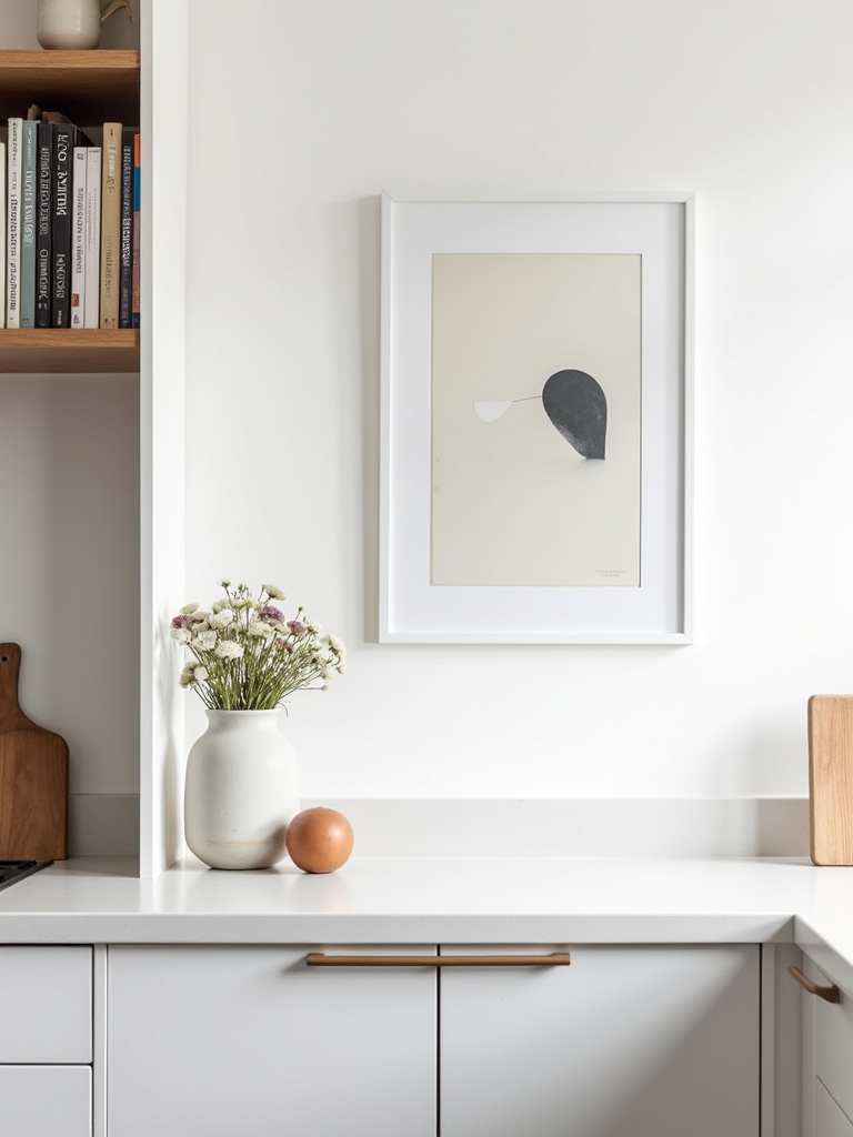 Scandinavian kitchen with personalized décor, featuring abstract art, a ceramic vase with flowers, and a cookbook collection, adding personal style to the minimalist design.