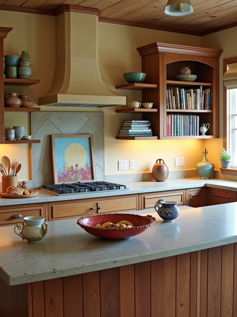 Eclectic kitchen featuring personalized art and accessories adding character and warmth, including framed art on the wall, decorative bowls on the countertop, a unique utensil holder, and open shelving displaying cookbooks and decorative objects, bathed in warm and inviting kitchen lighting.