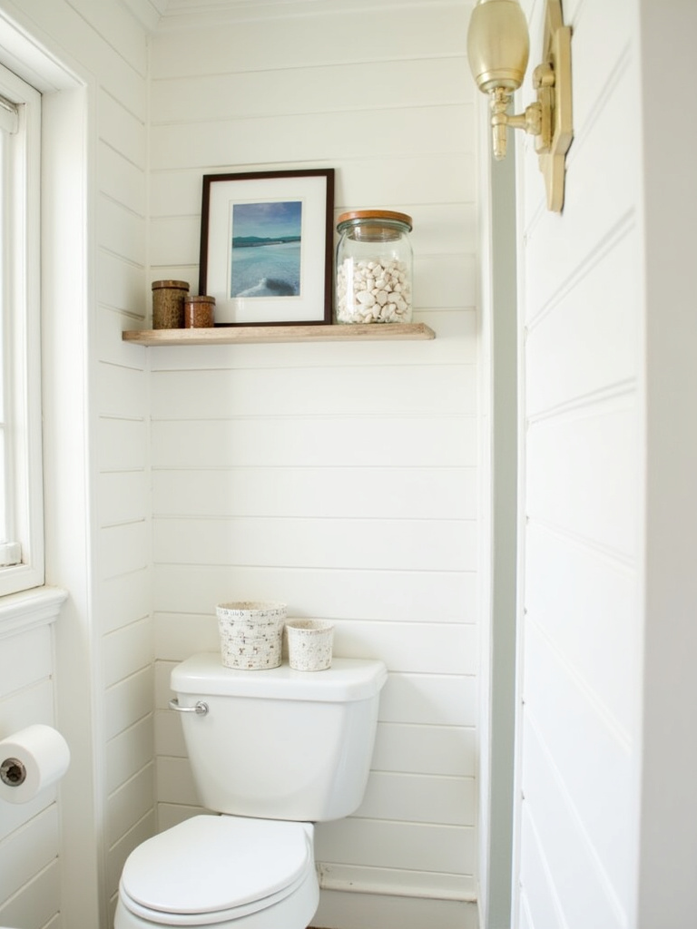 Charming coastal bathroom featuring a shelf displaying framed beach photos and a glass jar of seashells, set against white shiplap walls and light wood accents, illuminated by natural daylight.