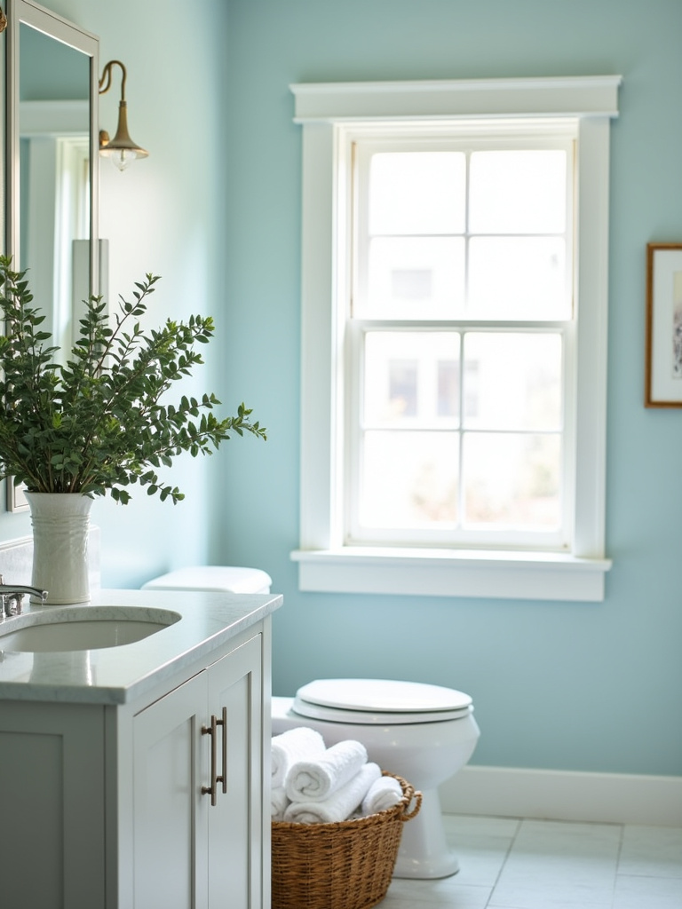 Serene coastal bathroom vanity featuring a vase of fresh eucalyptus, white countertop, light blue walls, and a woven basket with towels, bathed in natural light from a window.