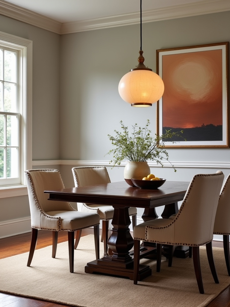 “Transitional dining room with a warm color palette of terracotta, cream, and wood tones.”
