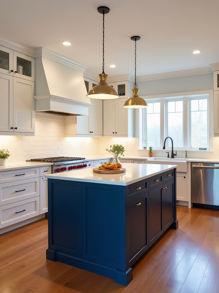 Elegant kitchen featuring a navy blue island as a focal point, contrasted with white shaker cabinets, white countertops, hardwood floors, and brass hardware, illuminated by warm pendant lighting.