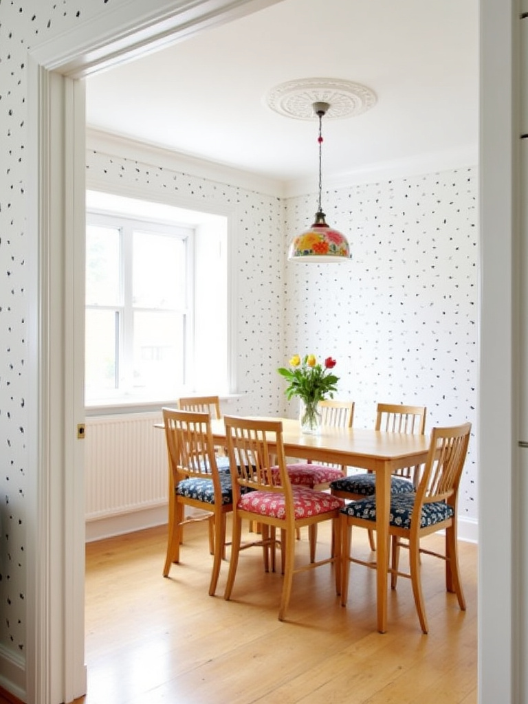 Whimsical dining room with navy polka dot wallpaper, light wood furniture, and playful accents.