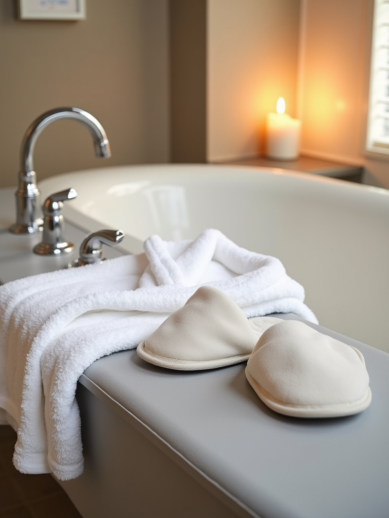White plush microfiber bathrobe and slippers set on a bathroom bench.