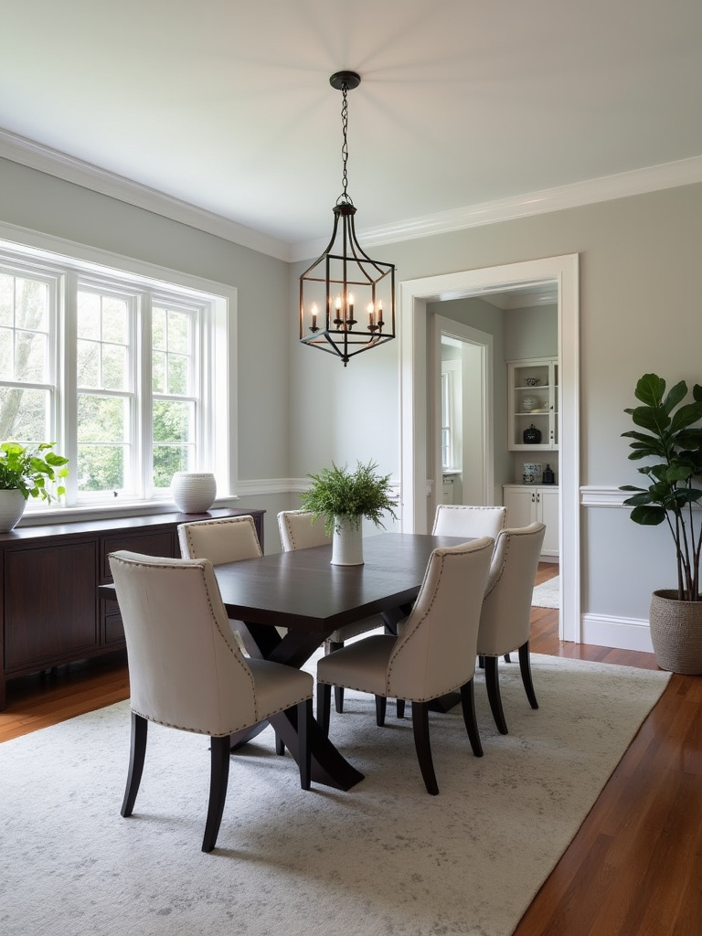 “Functional and flowing transitional dining room with spacious layout and sideboard storage.”
