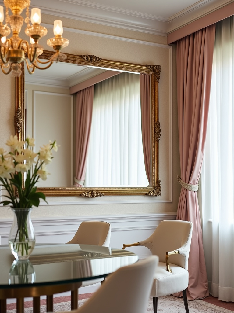 “Glamorous dining room with a large ornate gold mirror reflecting light and space.”