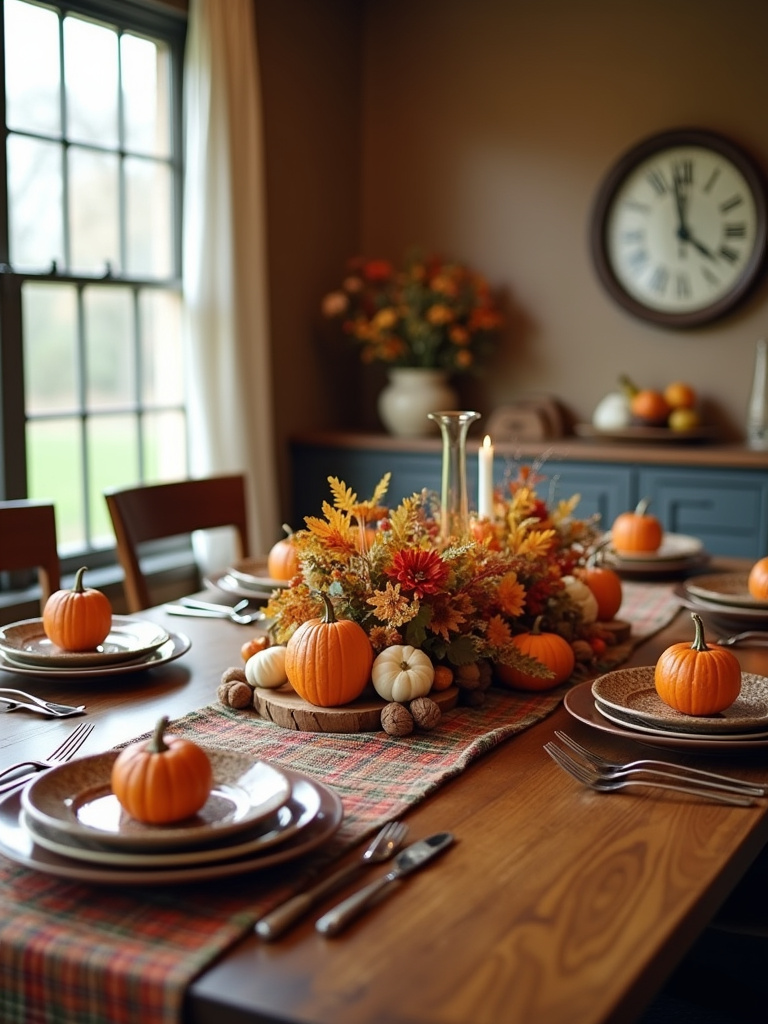 “Farmhouse dining room decorated for fall with pumpkins, gourds, and warm-toned linens.”