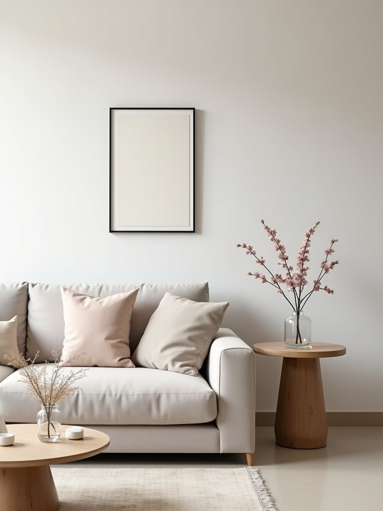 Simple living room with minimal decor, featuring a single vase of flowers and a framed artwork, emphasizing the “less is more” principle and an elegant, understated atmosphere.