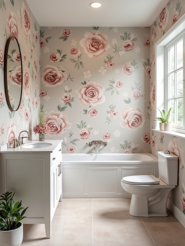 Elegant bathroom interior with muted pastel floral wallpaper covering all walls, creating a romantic and soft ambiance.