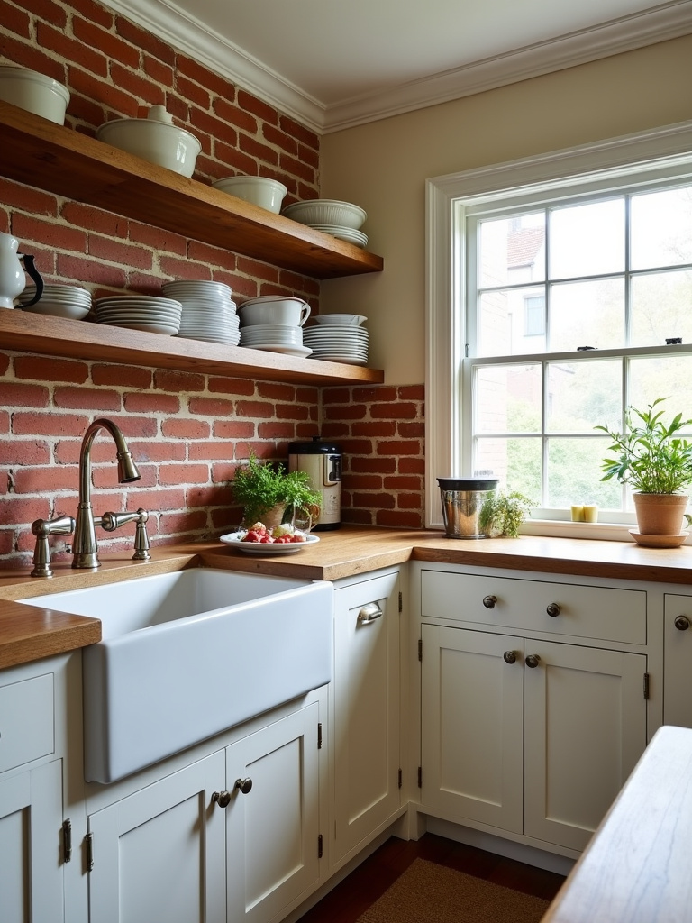 “Rustic brick backsplash in a farmhouse traditional kitchen.”