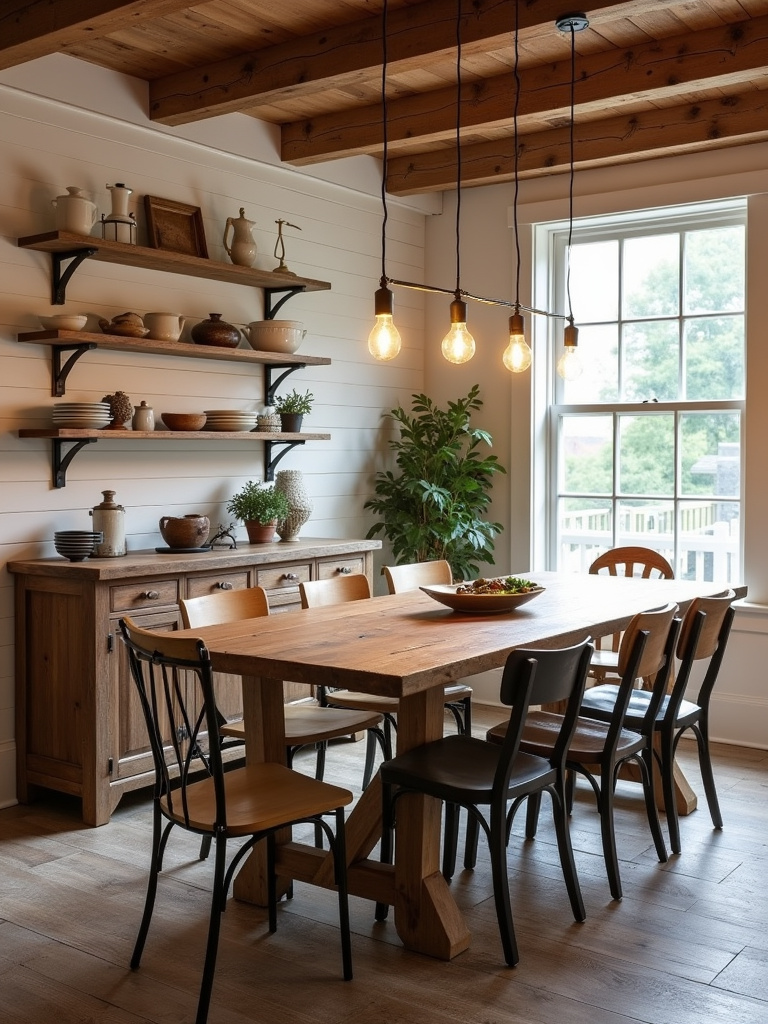“Rustic farmhouse dining room with a reclaimed wood table, shiplap walls, and vintage decor.”