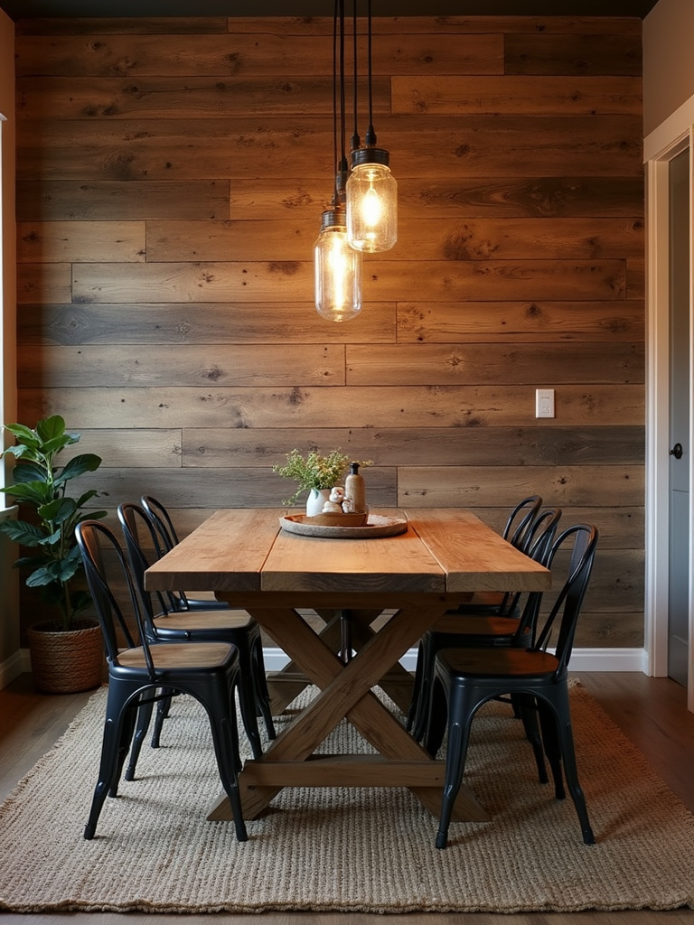 Rustic dining room with reclaimed wood-effect wallpaper, farmhouse table, and warm lighting.