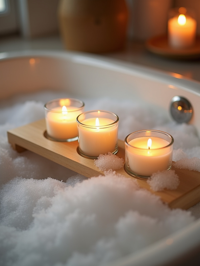 Lit scented candle set on a bath caddy tray in a bubble bath.