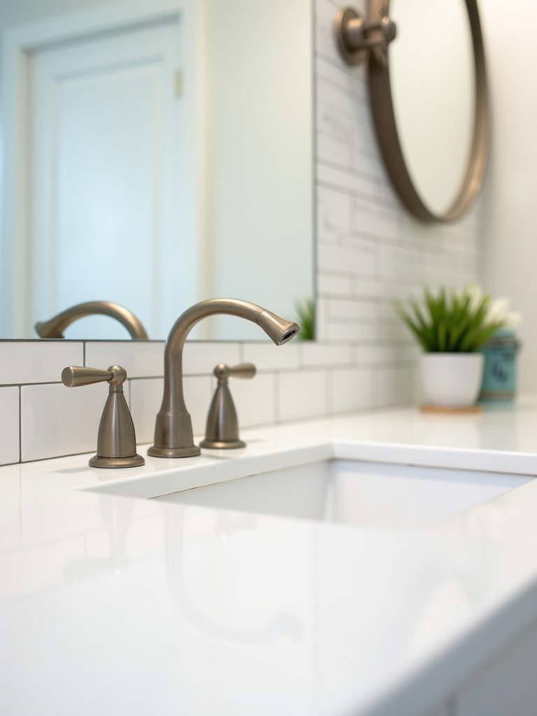 Close-up of a modern coastal bathroom vanity featuring a brushed nickel faucet on a white countertop with subway tile backsplash and white ceramic sink, illuminated by bright, even lighting.