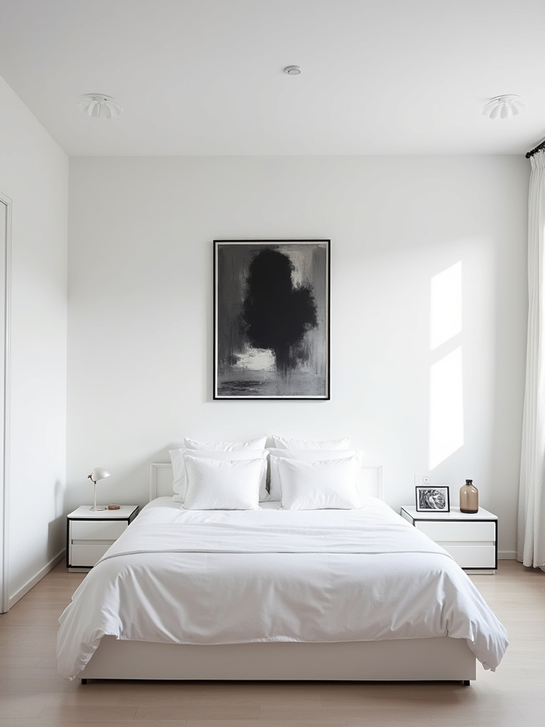 A minimalist bedroom featuring a single piece of large abstract black and white art above the bed, creating a focal point.