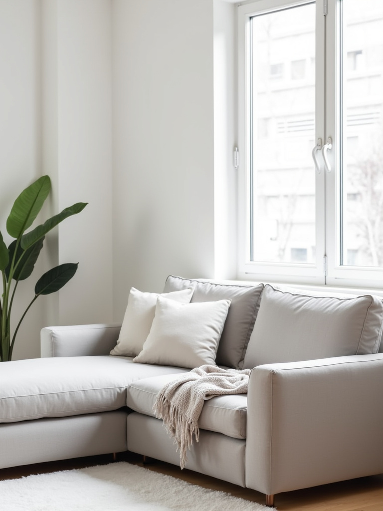 Simple living room featuring a comfortable and unfussy light gray linen sofa with clean lines, emphasizing comfort and functionality as key elements of the design.