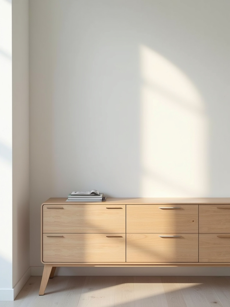 A sleek, low-profile dresser in a light wood finish in a minimalist bedroom, showcasing clean lines and minimal design.